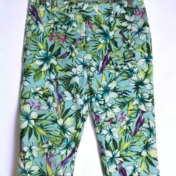 CHICOS LADIES GREEN COLORFUL TROPICAL HAWAIIAN BEACH MID RISE PANTS SIZE 4 - Picture 2 of 10